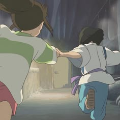 two people are running towards each other in an animated scene with one holding the hand of another person's arm