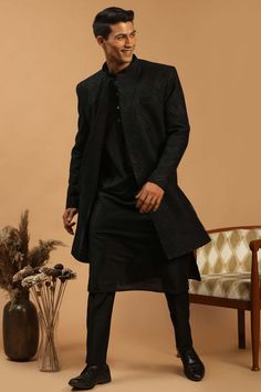 Buy Men's Black Viscose Self Woven Design Sherwani Set Online Mehndi Dress For Mens, Black Indo Western Dress, Western Party Wear, Indowestern Sherwani, Designer Tuxedo, Timberland Boots Outfit Mens, Mens Sherwani, Sherwani For Men, Kurta Men