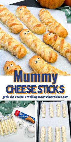 there are many croissants with eyes on them and the words, mommy cheese sticks