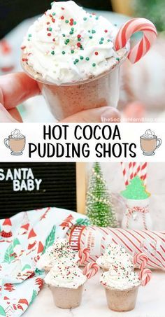 hot cocoa pudding shots with candy canes on top