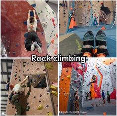 several pictures of people climbing and rock climbing