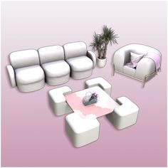 a living room filled with white furniture on top of a pink floor