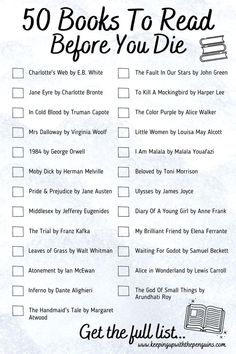 the 50 books to read before you die checklist is shown in black and white