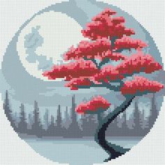 a cross stitch tree with red leaves in front of a full moon