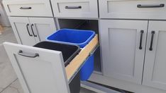 a kitchen cabinet with two blue bins on the bottom and one in the middle