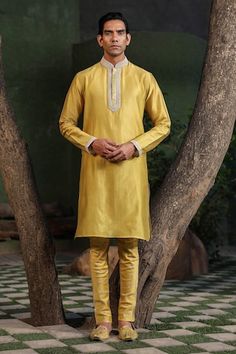 Yellow kurta with embroidered placket and cuffs. Paired with a churidar and floral printed bundi. - Aza Fashions Designer Embroidered Cuff Kurta For Eid, Eid Fitted Kurta With Embroidered Cuffs, Designer Fitted Kurta With Embroidered Cuffs, Traditional Designer Kurta With Embroidered Cuffs, Festive Kurta With Embroidered Cuffs, Traditional Wedding Kurta With Embroidered Cuffs, Festive Fitted Kurta With Embroidered Cuffs, Full Sleeve Kurta, Kurta Set Men