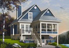 this is an artist's rendering of a house in the country side with porches and balconies