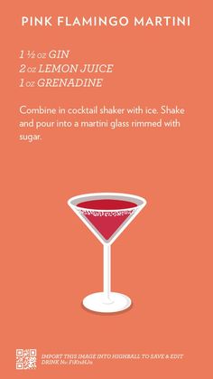 the pink flamingo martini recipe is shown in an orange and white poster with text