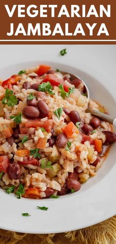 a white plate topped with rice and beans