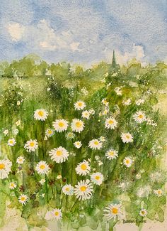 a painting of white daisies in a field