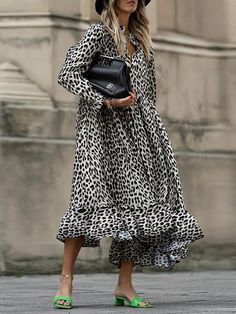 Vacation Maxi Dress, Loose Midi Dress, Dress Sleeve Styles, Long Sleeve Casual Dress, Long Sleeve Print Dress, Leopard Dress, Maxi Robes, Vestidos Vintage, Loose Outfit