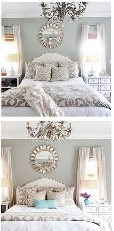 two pictures of a bedroom with white furniture and gray walls, one has a chandelier above the bed