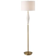 a floor lamp with a white shade on the base and a gold metal frame around it