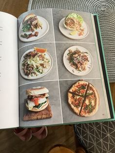 an open book with pictures of different food items on the cover and in front of it