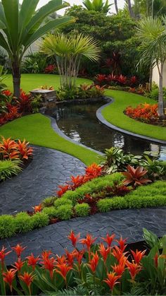 a garden with lots of plants and water