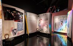 an open book on display in a museum with pictures and other things around it that are brightly colored