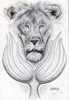 a pencil drawing of a lion's face with its hands on the chest and tail