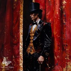 a painting of a man wearing a top hat and black suit with gold trimmings