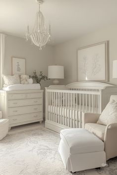 Elegant nursery with white furniture, a chandelier, and a gray and beige palette. Perfect inspiration for a gender-neutral nursery or cozy baby room. Vintage Girl Nursery, Girl Nursery Pink, Traditional Nursery, Baby Nursery Inspiration, Pastel Nursery, Girl Nursery Room, Baby Room Inspiration, Nursery Room Inspiration