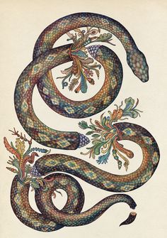 a drawing of a snake with flowers and leaves on it