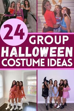 some girls are dressed up in costumes and posing for the camera with text overlay that reads, 24 group halloween costume ideas