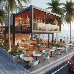 an artist's rendering of a restaurant with palm trees surrounding it and the ocean in the background