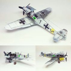 three different views of a model airplane on a white background, one showing the front and back wings