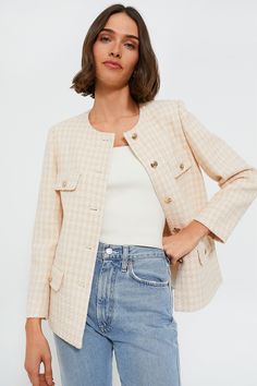 Cream and Peach Houndstooth Janet Jacket | Anine Bing Crop Top And Leggings, Swimwear Brands, Tweed Fabric, Tweed Dress, Modern Women, Anine Bing, Houndstooth Pattern, Everyday Wardrobe, Jacket Sale