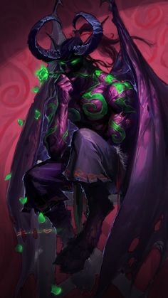 an image of a demon with green lights on his chest and arms, sitting in front of