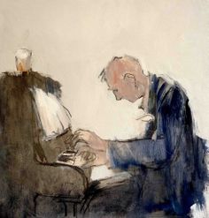 a drawing of an older man playing the piano