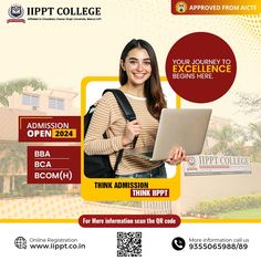 an advertisement for a college with a woman holding a laptop and smiling at the camera