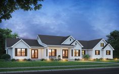 this is an artist's rendering of a modern farmhouse style home with two front porches