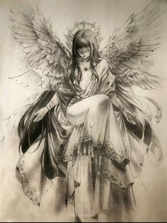 a pencil drawing of an angel sitting on top of a chair with her arms crossed