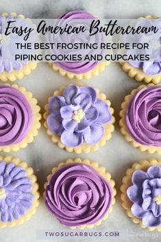 purple and yellow cupcakes with flowers on them