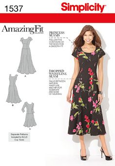 a woman in a dress with flowers on it and the words,'amazing fit '