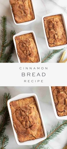 cinnamon bread in white dishes on top of a table