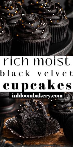 black velvet cupcakes with chocolate frosting and sprinkles on top