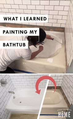 a woman is painting a bathtub with white tiles and red arrow pointing to it