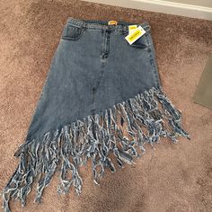 Highlight Distressed Jean Skirt Size 3x Brand New. Casual Fringe Skirt For Spring, Spring Blue Fringe Skirt, Ripped Skirt, Midi Circle Skirt, Distressed Jean Skirt, Pleated Jacket, Anthropologie Skirt, Maternity Skirt, Bow Detail Dress