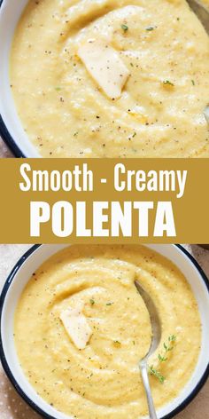 two bowls filled with creamy polenta soup