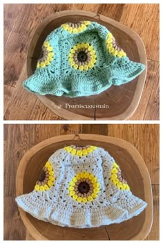 crocheted sunflower hat on a wooden bowl