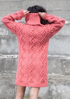 Coral Wool Mohair Dress Gorgeous Cable Knit by TanglesCreations Wool Turtleneck Sweater Dress, Knitted Turtleneck Sweater Dress, Winter Wool Knitted Sweater Dress, Pink Knitted Sweater Dress For Winter, Winter Cable Knit Turtleneck Sweater Dress, Hand Knitted Long Sleeve Dress For Fall, Hand-knitted Long Sleeve Dress For Fall, Wool Turtleneck Sweater Dress For Winter, Cozy Hand Knitted Sweater Dress For Fall