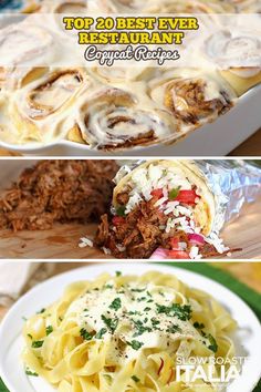 the top 20 best ever restaurant enchiladas recipe is shown in three different pictures