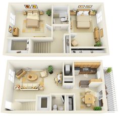 two floor plans with furniture in each room