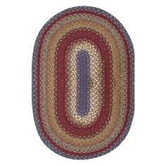 the oval rug is made from multicolored yarn and has an oval design on it