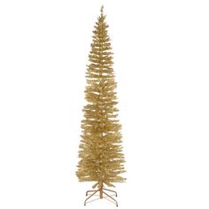 a gold tinsel christmas tree on a stand