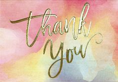 a thank card with the words thank you in gold lettering on a pink and blue background