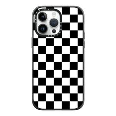 an iphone case with black and white checkerboard pattern on the back, featuring two cameras