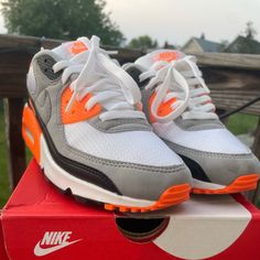 Over All Great Condition Worn A Couple Times Nike Air Max Couple Shoes, Shoes Nike Air, Couple Shoes, Orange Grey, Nike Air Max 90, Shoes Nike, Mens Shoes Sneakers, Air Max, Nike Air Max