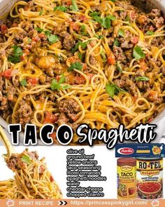 taco spaghetti with ground beef and tomato sauce in a skillet next to the package